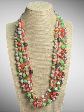 Vintage Multicolor 4 Strand Beaded Statement Necklace Boho Artisan